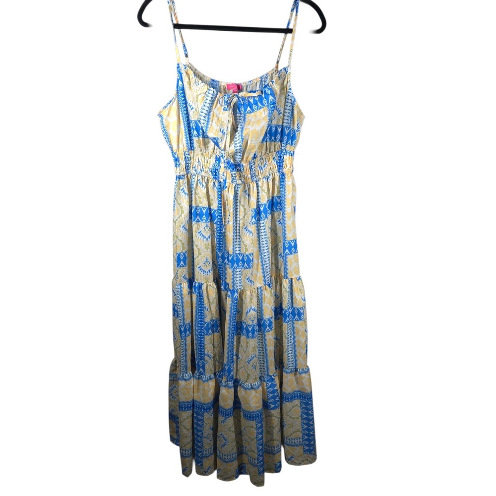 Flying Tomato Patchwork Print Tiered Midi Maxi Dress XL Blue Ivory‎ Boho